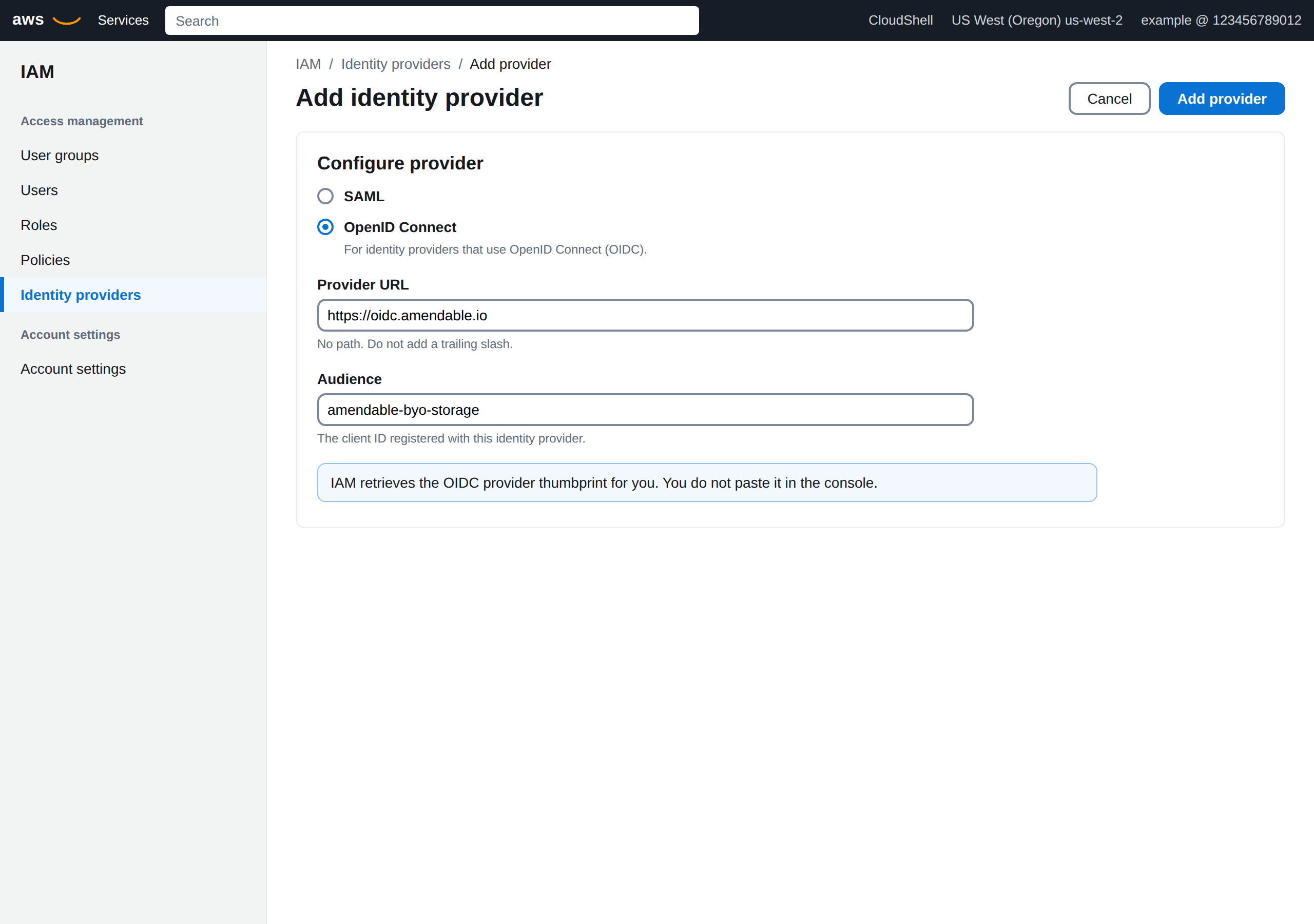 AWS IAM Add identity provider. OpenID Connect selected, provider URL https://oidc.amendable.io, audience amendable-byo-storage, Add provider.