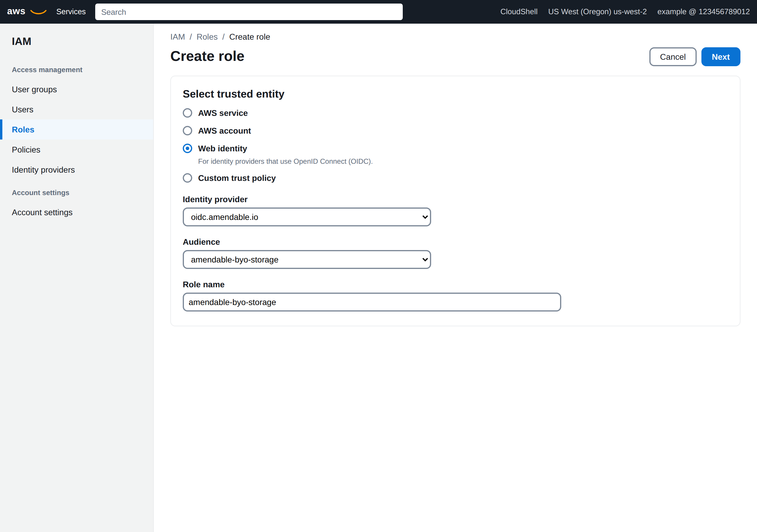 AWS IAM Create role. Web identity selected, identity provider oidc.amendable.io, audience amendable-byo-storage, role name amendable-byo-storage.