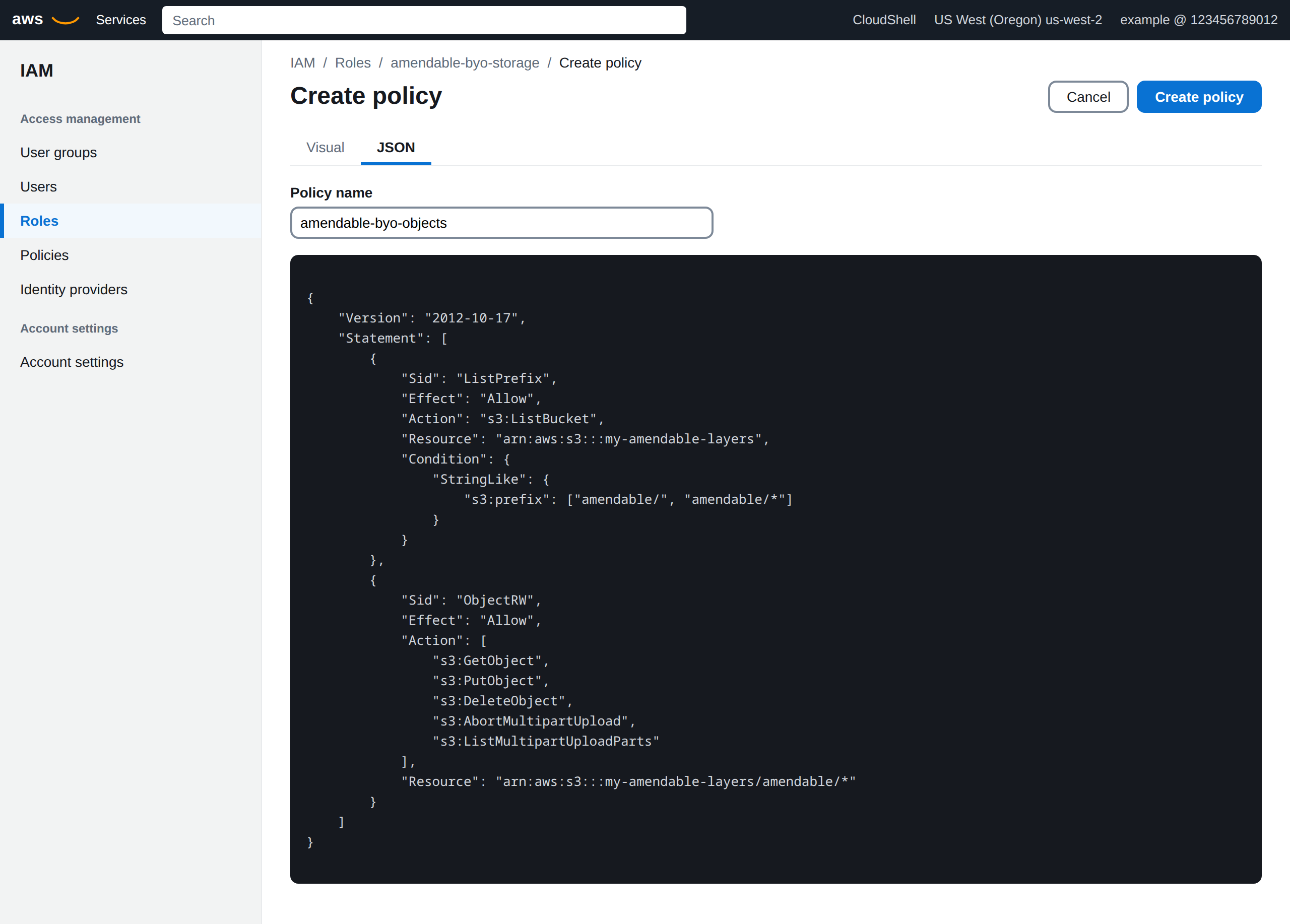 AWS IAM Create policy JSON tab. Inline policy amendable-byo-objects allows ListBucket on prefix amendable/* and object read write delete multipart on my-amendable-layers/amendable/*.