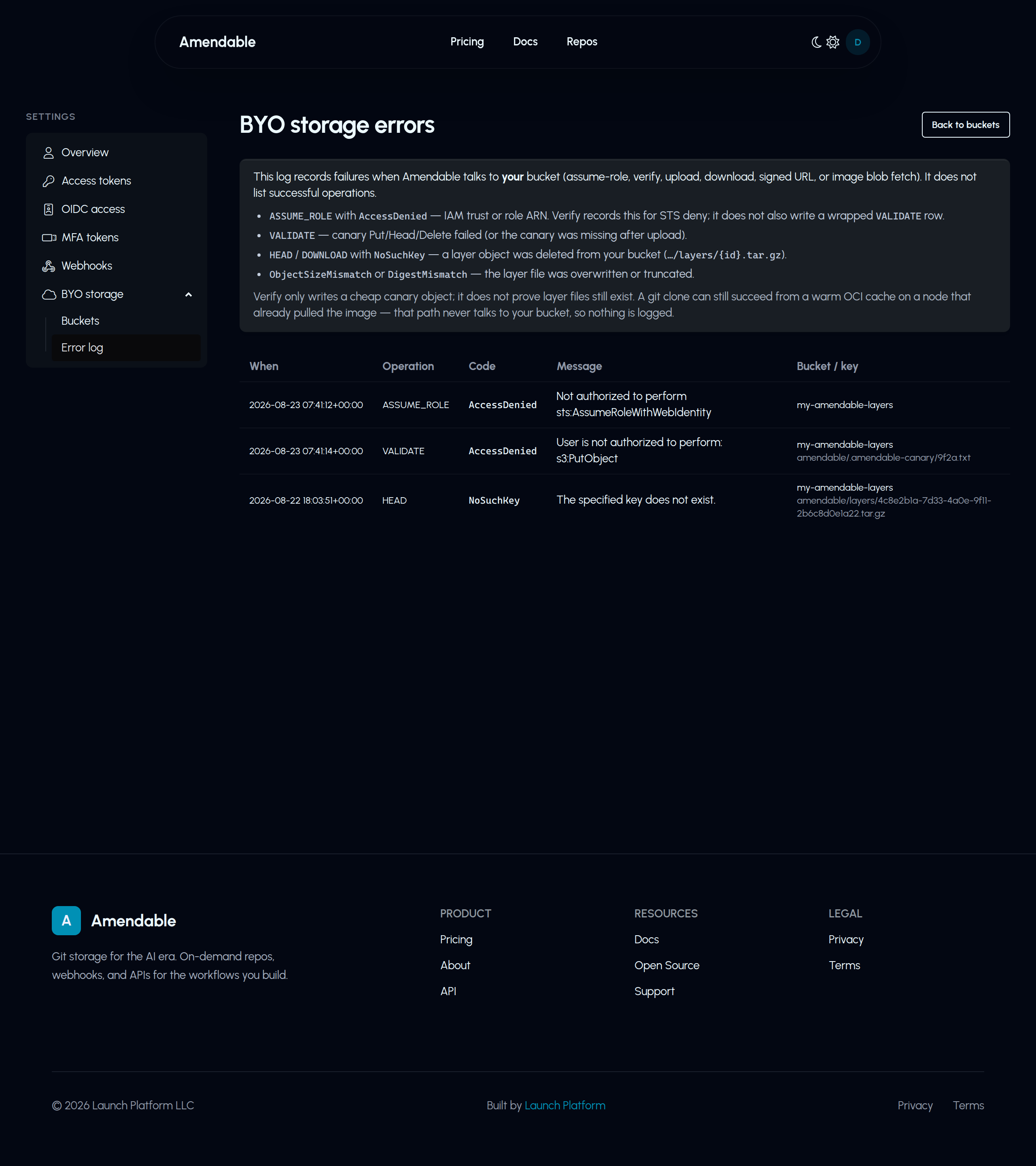 Amendable BYO storage error log in dark theme. Settings sidebar has BYO storage open and Error log selected. A table lists ASSUME_ROLE AccessDenied, VALIDATE AccessDenied on a canary PutObject, and HEAD NoSuchKey for a layers tarball.