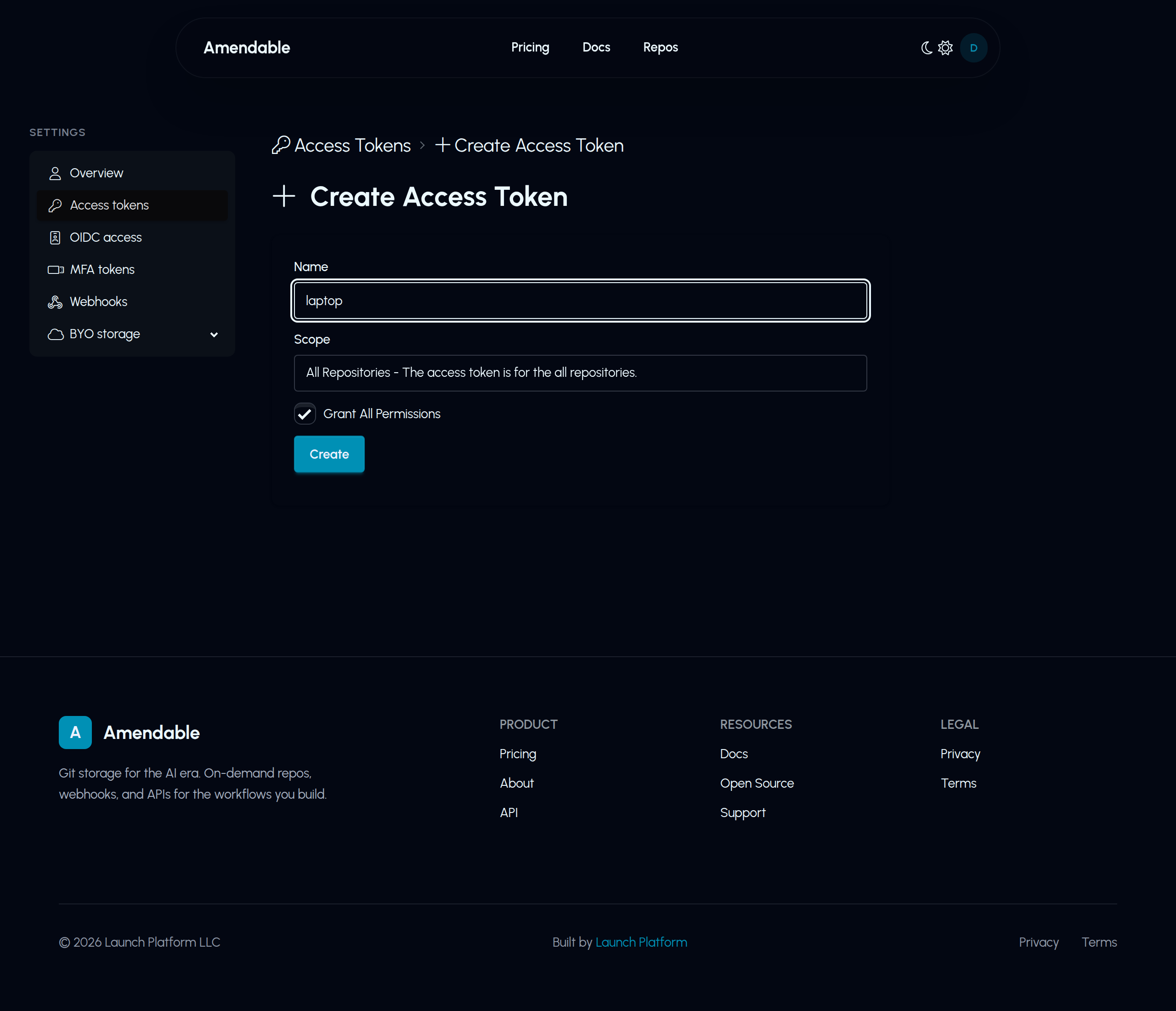 Create Access Token form with name laptop, All Repositories, Grant All Permissions checked, and Create.