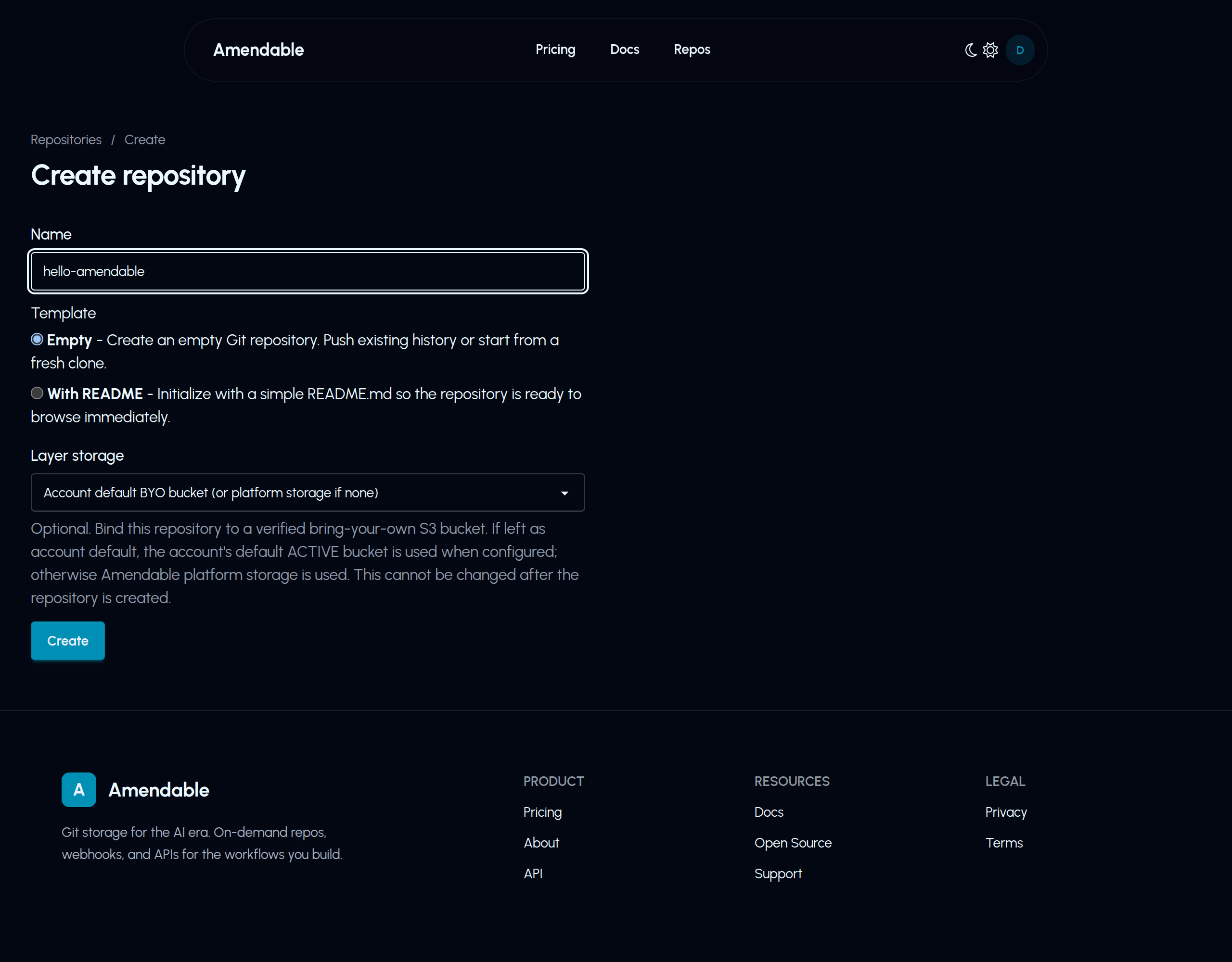 Create repository form with name hello-amendable, Empty template selected, and Create.