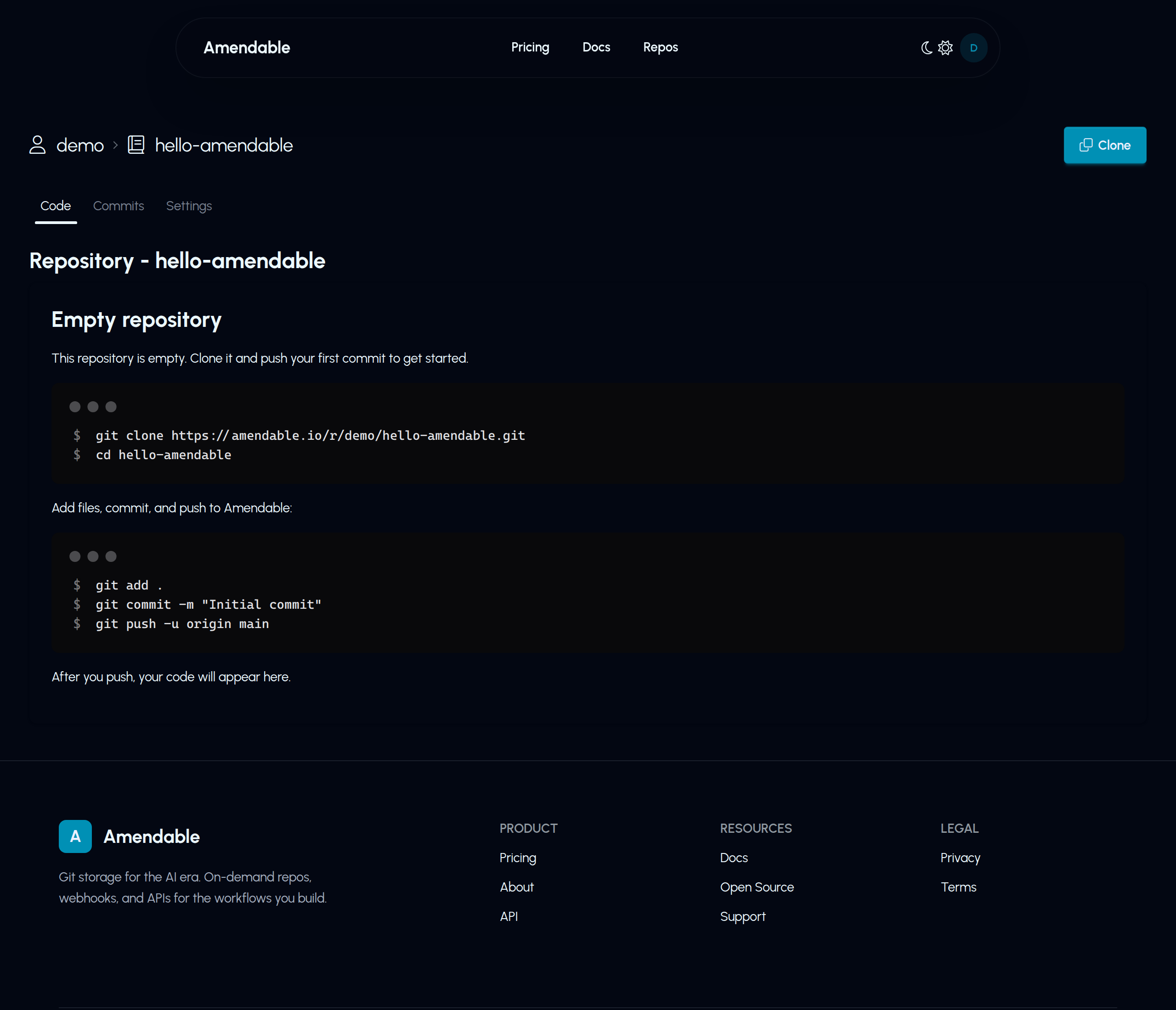 Empty repository page with git clone, add, commit, and git push origin main.