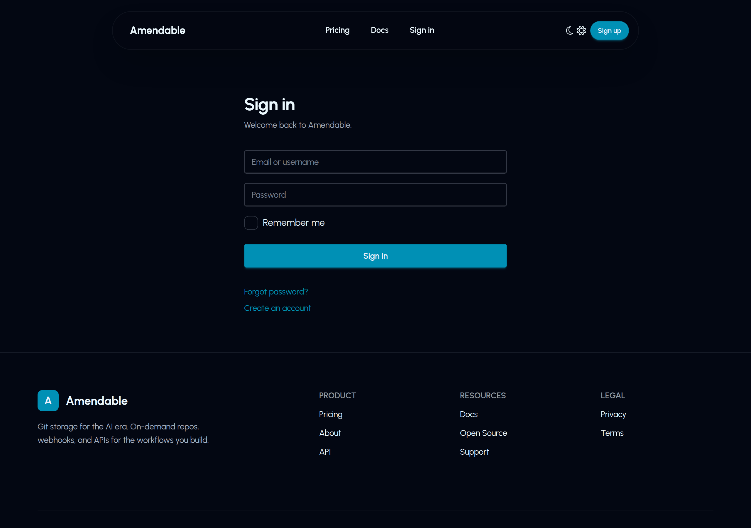 Amendable sign in form: email or username, password, Remember me, Sign in.