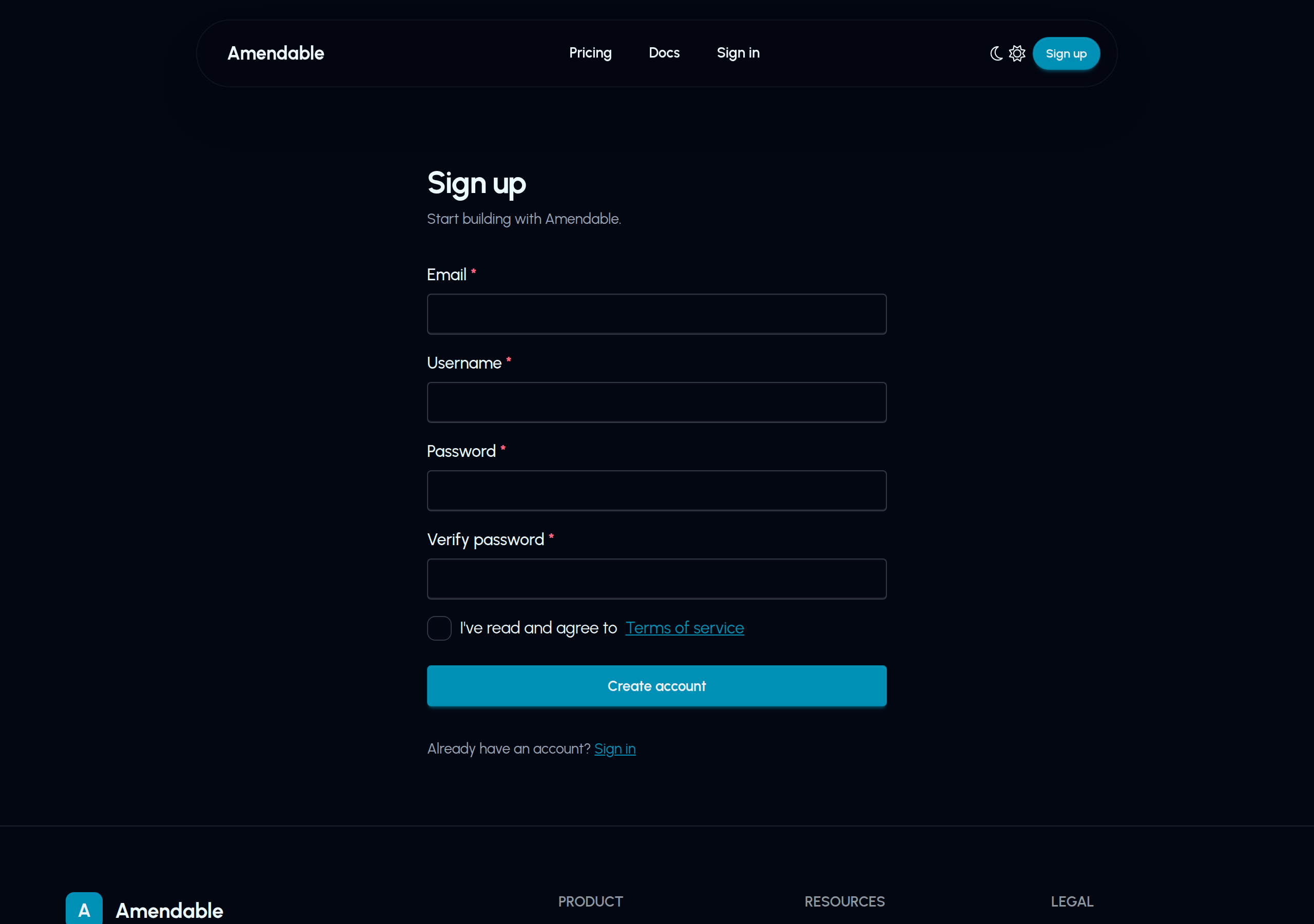 Amendable sign up form: email, username, password, verify password, terms checkbox, Create account.