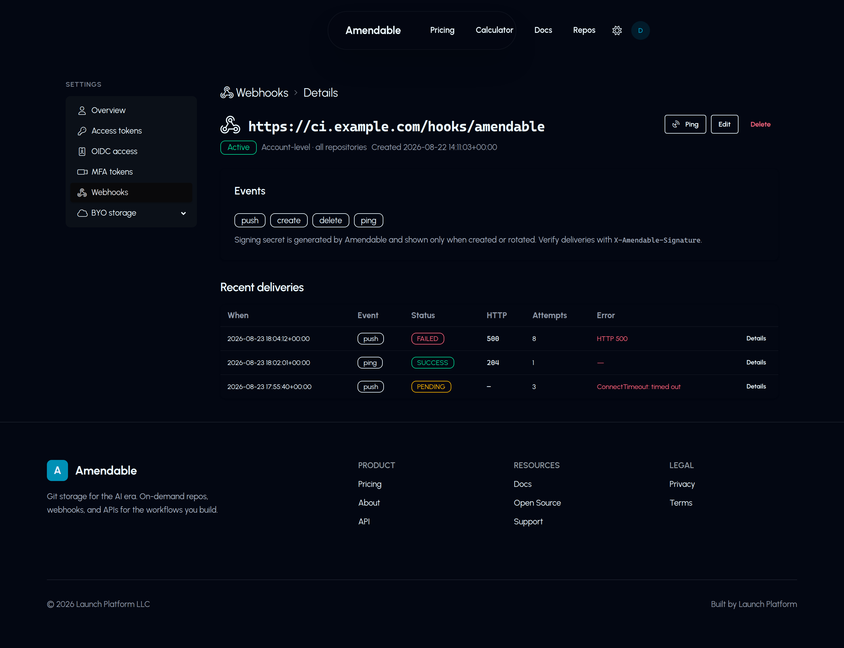 Webhook details. Recent deliveries table with a FAILED push after 8 attempts (HTTP 500), a successful ping (HTTP 204), and a PENDING push with ConnectTimeout.