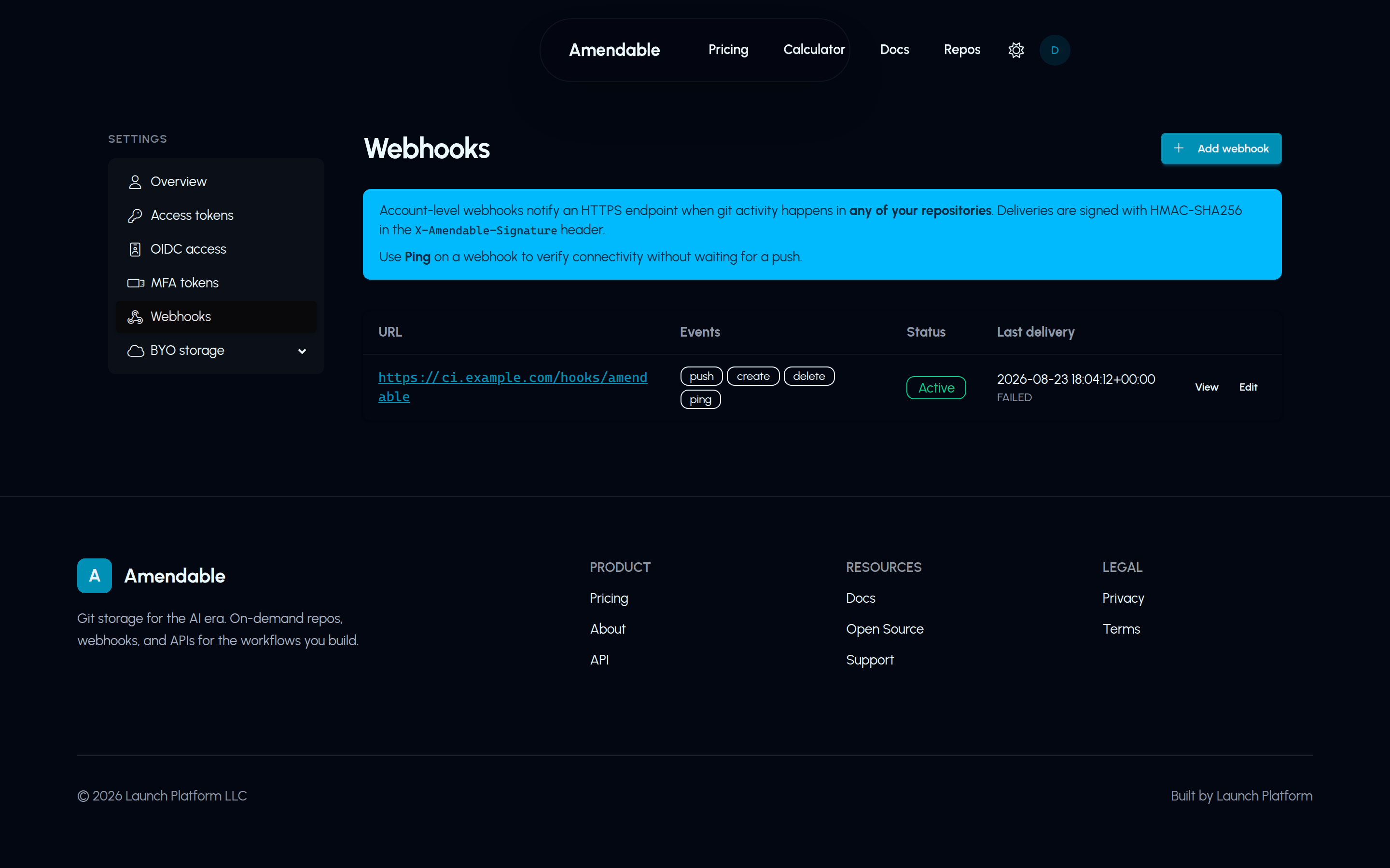 Amendable Settings, Webhooks list. One active endpoint https://ci.example.com/hooks/amendable with last delivery FAILED.